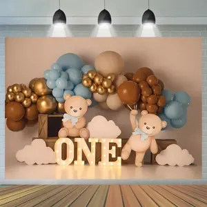 Bear & Balloon Pattern Birthday Party Backdrop, First Birthday, 1 Count Lovely Birthday Party Decoration Banner, Wall Decor for Home Living Room Bedroom, Ornaments