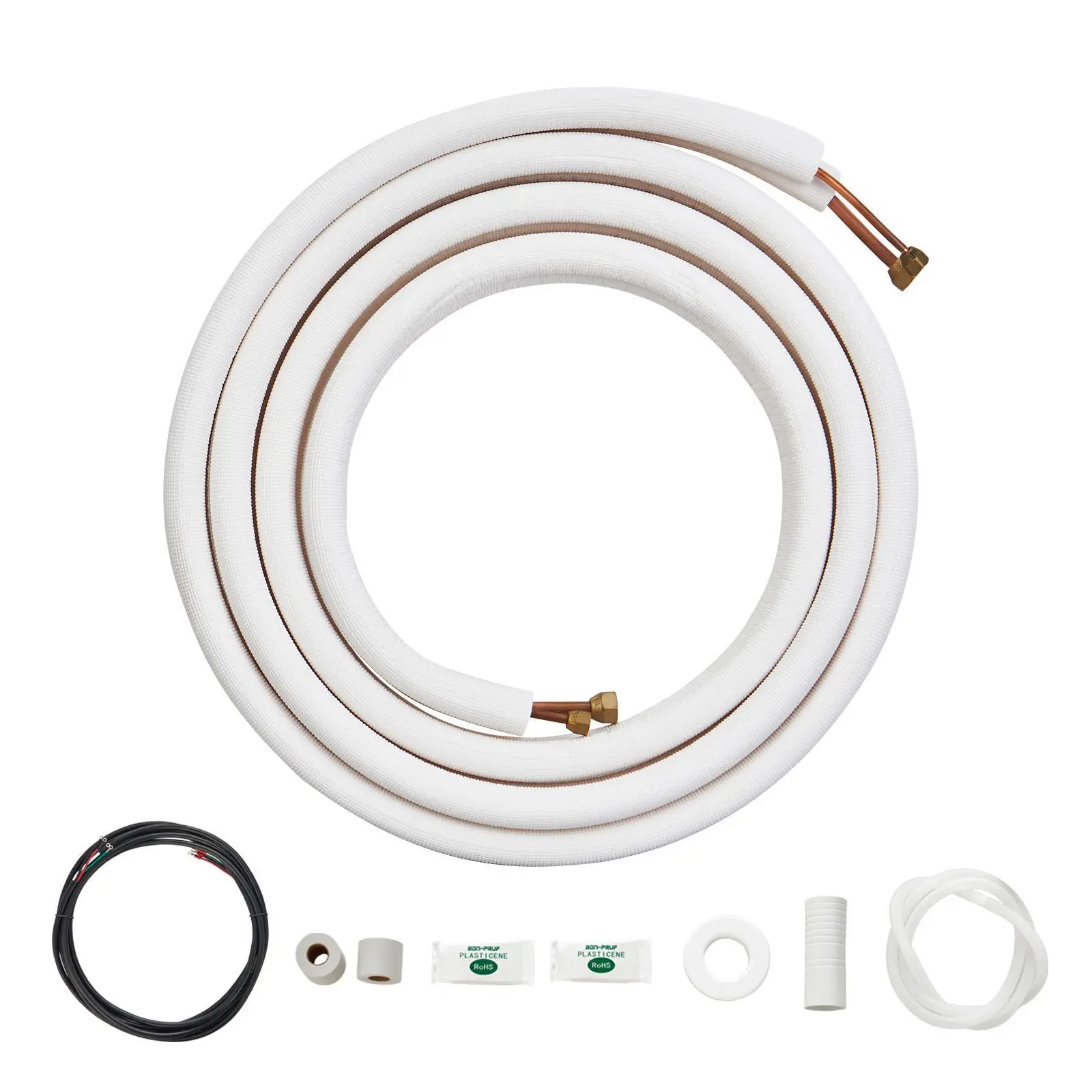 VEVOR 16FT Mini Split Line Set with 1/4" High-Pressure Tubes, 3/8 Inch Copper Pipes Tubing, Triple-Layer Insulation, Drainage Pipes, Connecting Cables (18FT), 2 Tie Wraps & Rich Accessories for HVAC Air Conditioners/Heating Pumps, 1 Set, Astm Standards