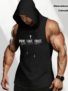 Men's Fashion Sport Hooded Vest, Casual Cartoon Pattern, Sleeveless Fitted Design, H-Type Silhouette, Perfect for Daily Wear