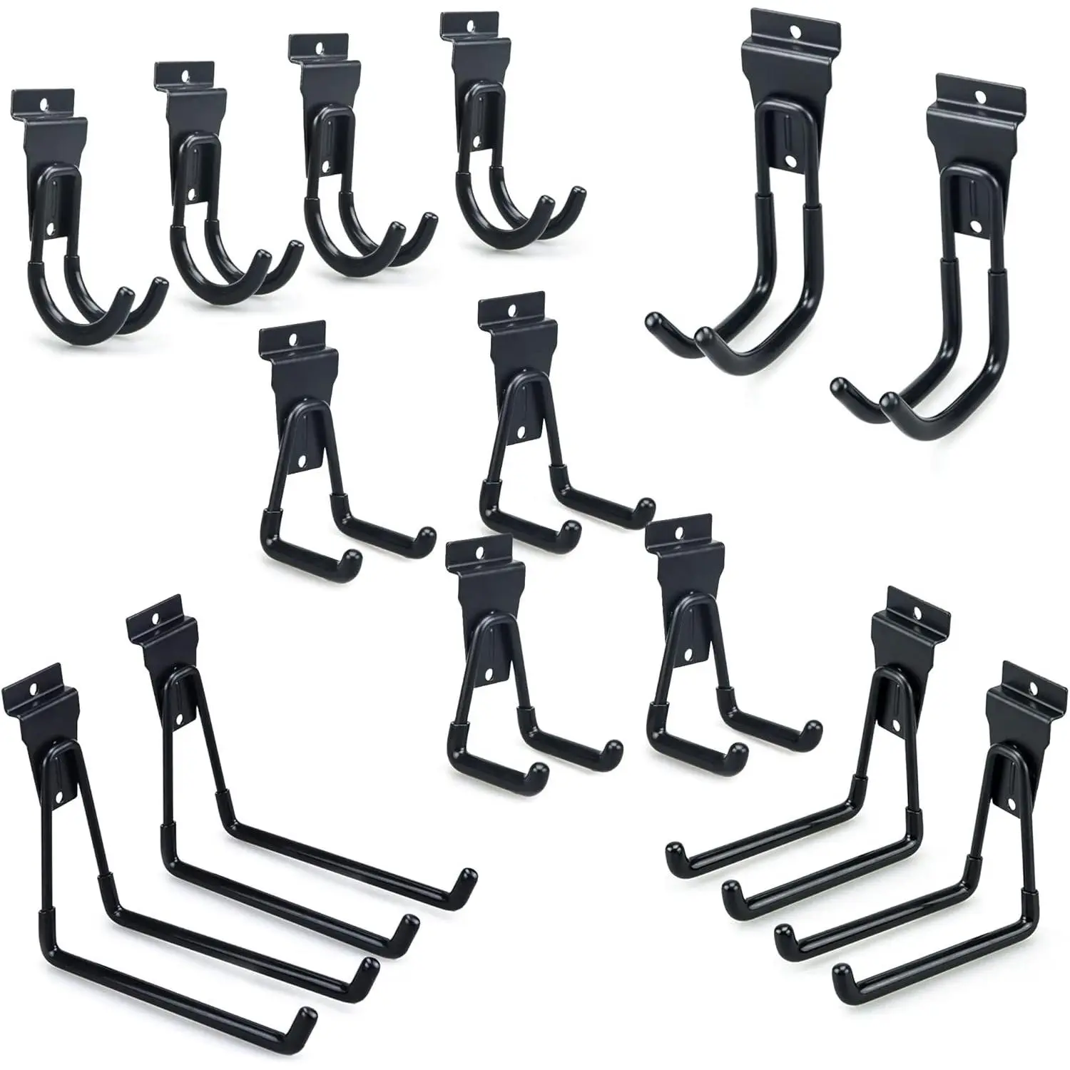 14-Pack Multi-Size Black Hangable Slatwall Hooks, Wall-Mount Garage Storage Accessories, Utility Hanging Tool Holder for Ladder, Garden Tools
