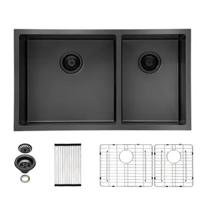 Sarlai 33 x 19 Inch Gunmetal Black Undermount Kitchen Sink 60/40 Double Bowl Undermount Kitchen Sink 16 Gauge Stainless Steel Kitchen Sink