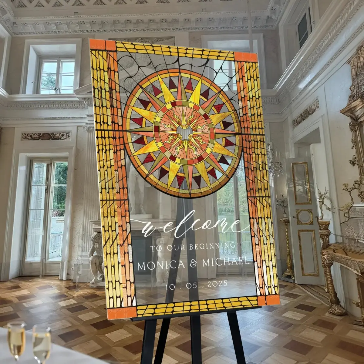 Sun Stained Glass Wedding Sign, Mirror Acrylic Gold Wedding Welcome Sign