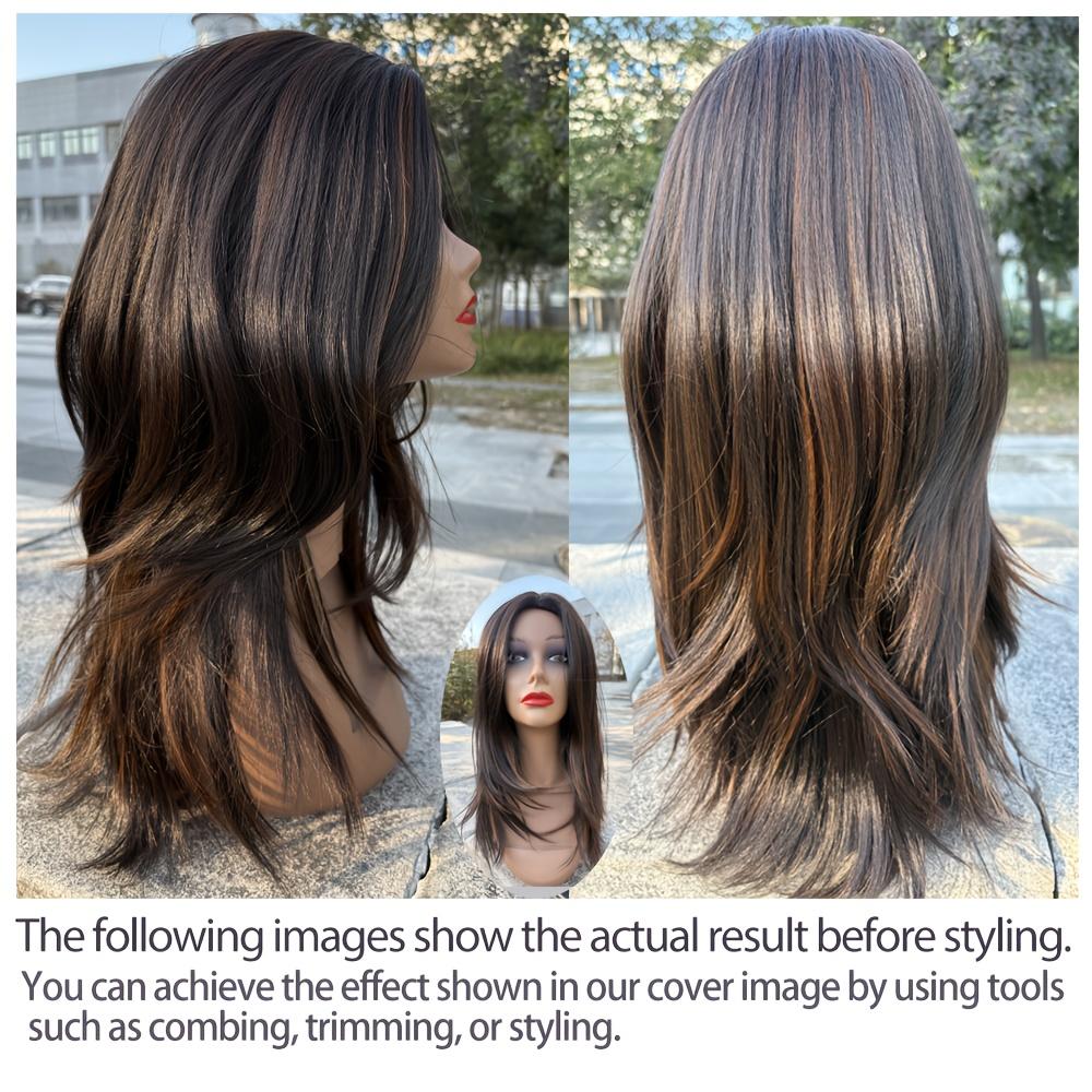 [Elegant Hair] Highlight Brown Layered Wig Straight Wear and Go Synthetic Wig High Quality Glueless Wigs for Women Heat Resistant Fiber Daily Use Women's Day