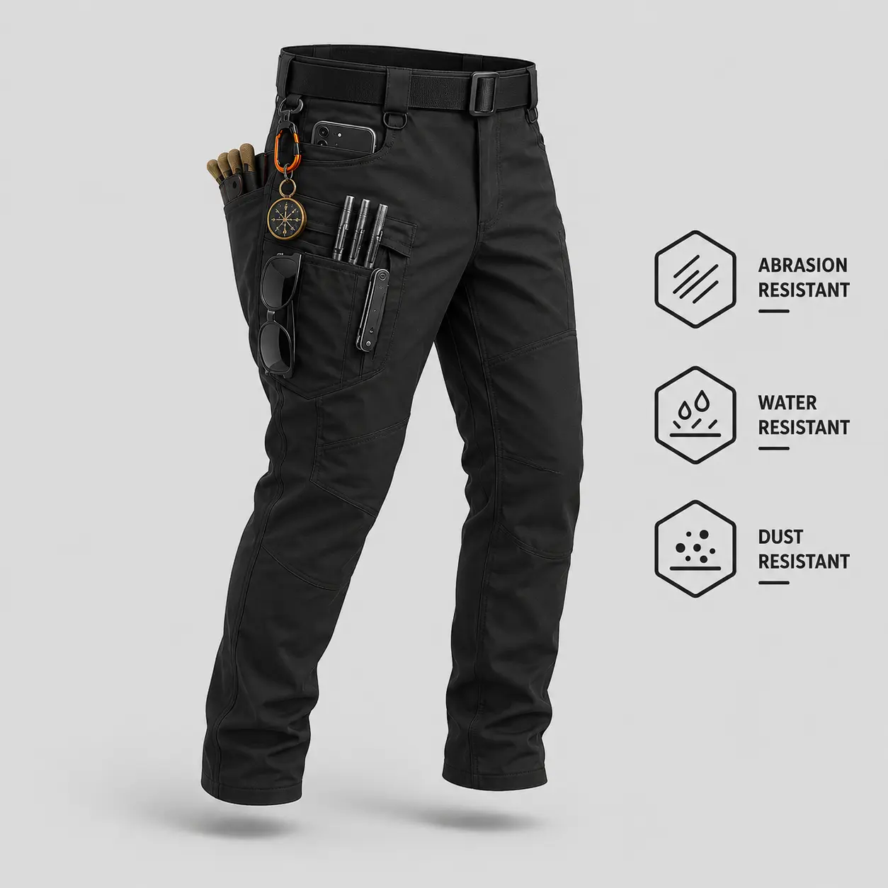 Men’s tactical pants, checkered waterproof fabric, hardshell tactical pants, single pack, durable cargo pants suitable for hiking, casual wear, and work, multi-pocket design (no belt).