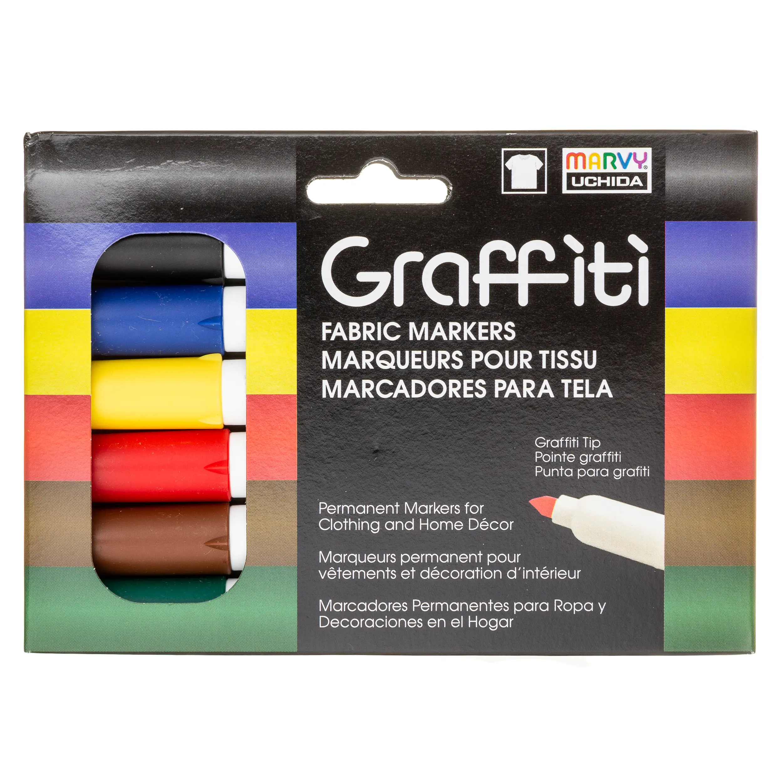 Marvy Uchida Permanent Fabric Markers, Brush Tip 6-Count, Non-Toxic, Primary Colors