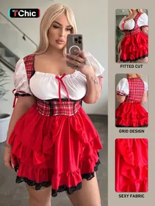 Valentine's Day Plus Size Sexy Cosplay Costume, Little Riding Hood Princess Dress Plaid Uniform Skirt Set, Dress + Thong