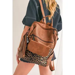 Coffee Leopard Patchwork PU Leather Functional Backpack