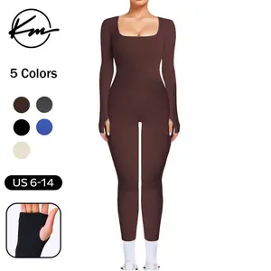 Sculpted Ribbed Square Neck Long Sleeve Jumpsuit