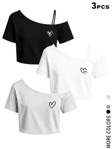 Trendy Women's 2026 New 3-Pack Off Shoulder Crop Tops, Lightweight Spaghetti Strap & Heart Print Tees, Y2K Streetwear T-Shirts, Summer Tops for Teen Girls, Cropped Blouses for Casual Daily Party Coachella Outfits, Hot Women's Clothing, Multi Color Options
