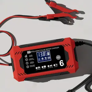 12V 6A Smart Battery Charger and Maintainer with LCD Display - US Plug, 110-130V Power Supply, Suitable for Car, Truck, Motorcycle, Lawnmower, and Marine Lead-Acid Batteries, Trickle Charger and Desulfurizer - Car Battery Charger (Red)