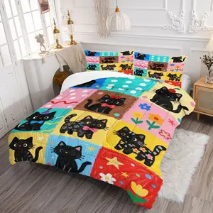 2/3Pcs Colorful Patchwork Black Cat Comforter Set, Cute Cartoon Digital Print Bedding Set, Vibrant Cat Pattern Bedding for Kids Teens Cat Lovers, Cozy Bedroom Decor