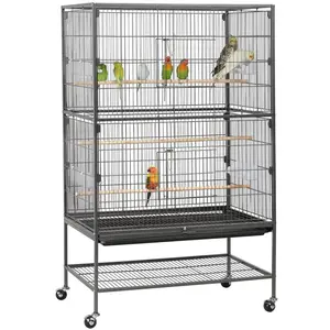 Metal 52-Inch Large Rolling Bird Cage with 3 Perches 4 Feeders