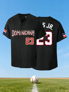 Men's Letter & Number Stitched Button Front Baseball Jersey, Casual Loose Short Sleeve V Neck DOMINICANA 23 Baseball Top for Fall & Winter, Baseball Christmas Gifts, New Year, Sports Top, Sports Clothing, Athletic Tops