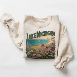 Vintage Lake Michigan Wildflowers Sweatshirt - 90s Vintage Sand Dunes Sailboat Travel Destination - Boho Unisex