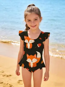 Toddler Girl Fox and Autumn Leaf Print Swimsuit Ruffle Sleeve Kids Bathing Suit
