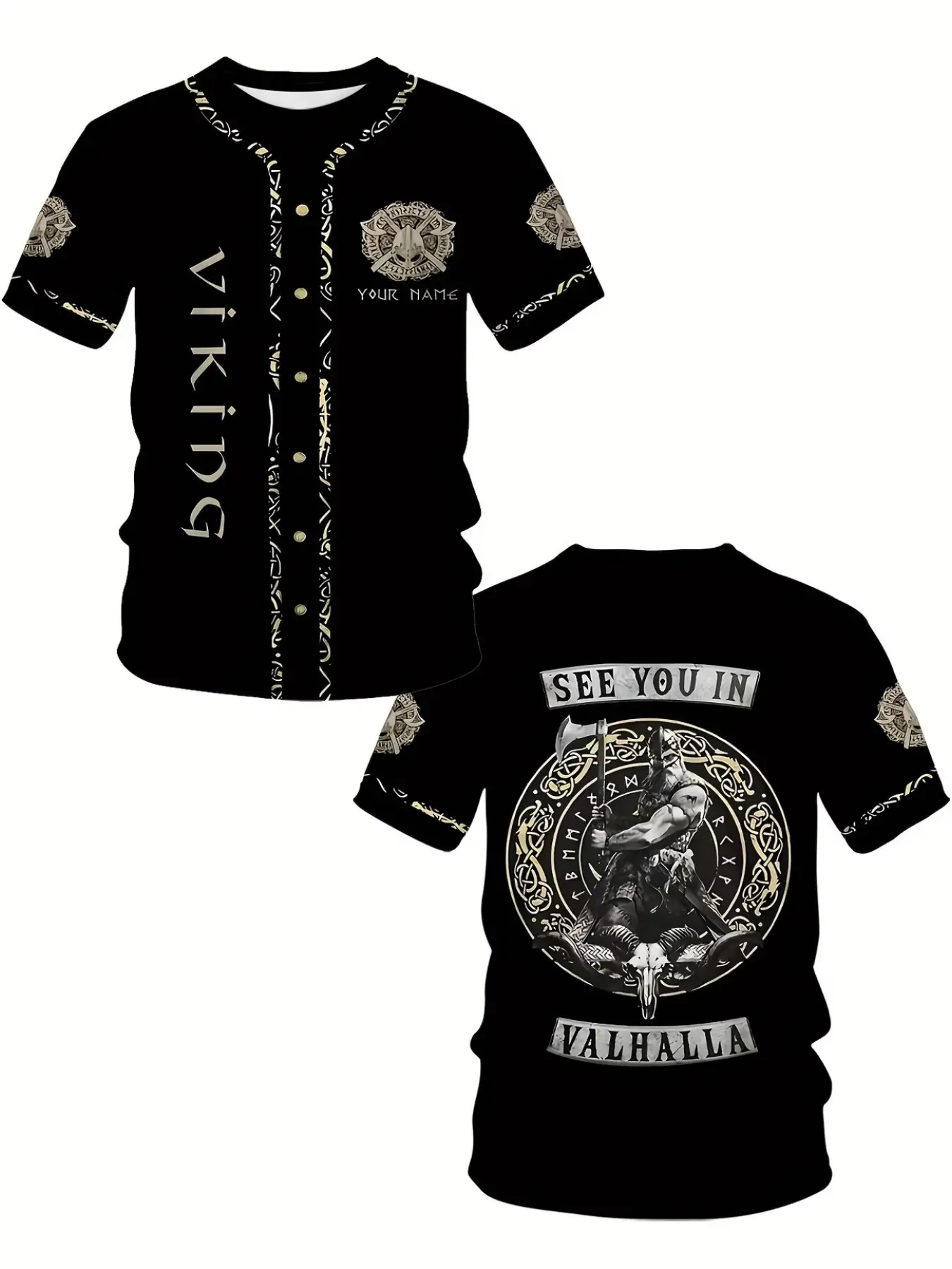 Men's Viking Baseball Shirt, Nordic Pattern, Axe & Shield Design, Breathable Summer Casual Top, Easy Care Fabric, Perfect Gift