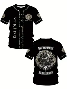 Men's Viking Baseball Shirt, Nordic Pattern, Axe & Shield Design, Breathable Summer Casual Top, Easy Care Fabric, Perfect Gift