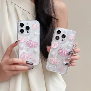 [Dm] Pink ocean shell small fish is suitable for Apple 15 mobile phone case iphone16ProMax new 15promax women's 13 transparent Epoxy 16pro cute 14 all-inclusive protective case