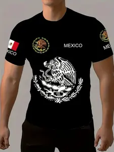 Men's Mexican Culture Eagle Snake Shield Fitted T-Shirt, Gold Full Print, Breathable Short Sleeve Round Neck Casual Top