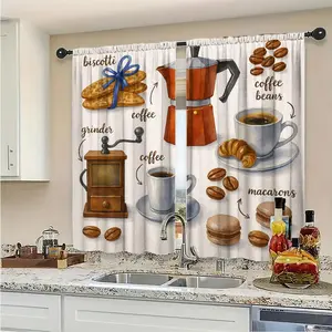 Coffee Pattern Biscotti Coffee Cup Coffee Beans Coffee Maker Macarons Kitchen Curtain, Coffee Themed Kitchen Curtain, Household Short Curtain, Kitchen Decoration Supplies, Home Decor