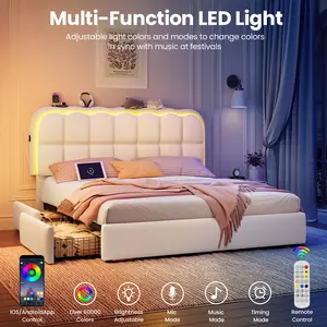 TryLazy LED Bed Frame with 4 Storage Drawers & USB Charging Station App Controlled Adjustable Headboard Lighting Modern Upholstered Platform Bed No Noise No Box Spring Needed Excellent Gift for Christmas and New Year