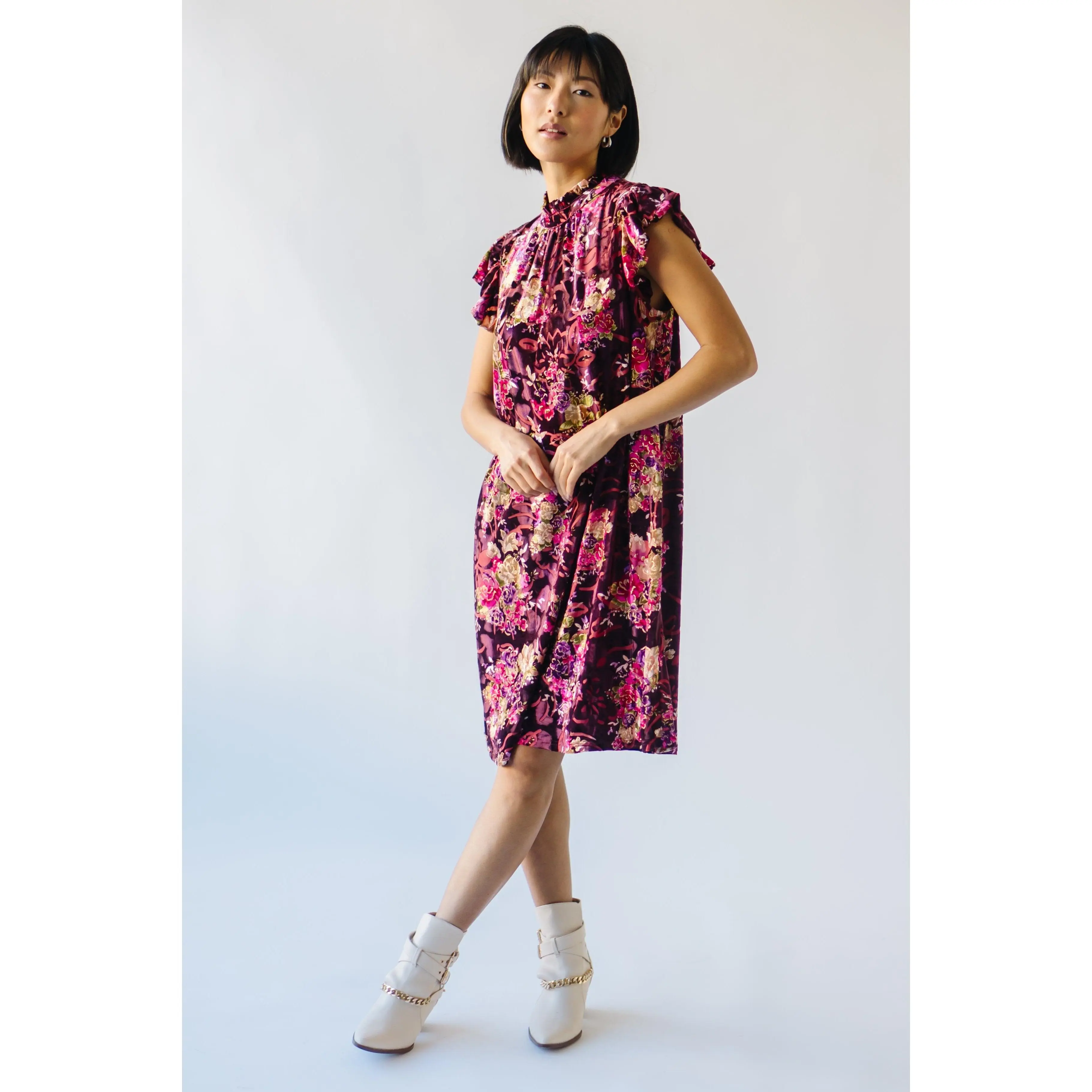 The Packard Ruffle Sleeve Shift Dress in Burgundy