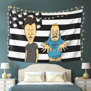 Beavis & Butt-Head Tapestry Hanging - Black and white stripes with an flag pattern, soft peach-light beige, horizontal home decor, suitable living room, bedroom, office, parties - no electricity required, party decoration|Modern Decoration|Soft texture