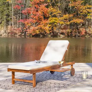 JONATHAN Y Seabrook Outdoor Acacia Wood Lounger with Cushion, 5-Position Back, Slide Table & Wheels
