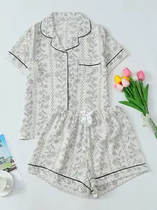 Women's Bubble Cotton Sleepwear Set, Summer Printed Short Sleeve Shorts, Casual Comfortable Skin-Friendly Home Party Wear