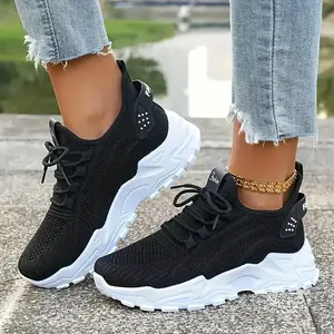 Women's Mesh Chunky Platform Dad Sneakers, Breathable Knit Lace-Up Running Shoes, Lightweight Non-Slip Fashion Walking Trainers for Daily Streetwear