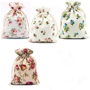 20 Pack Floral Burlap Drawstring Bags Packing Storage Linen  Pouches Sacks for Christmas Wedding Party Shower Birthday, 5.5 x 3.9 Inch