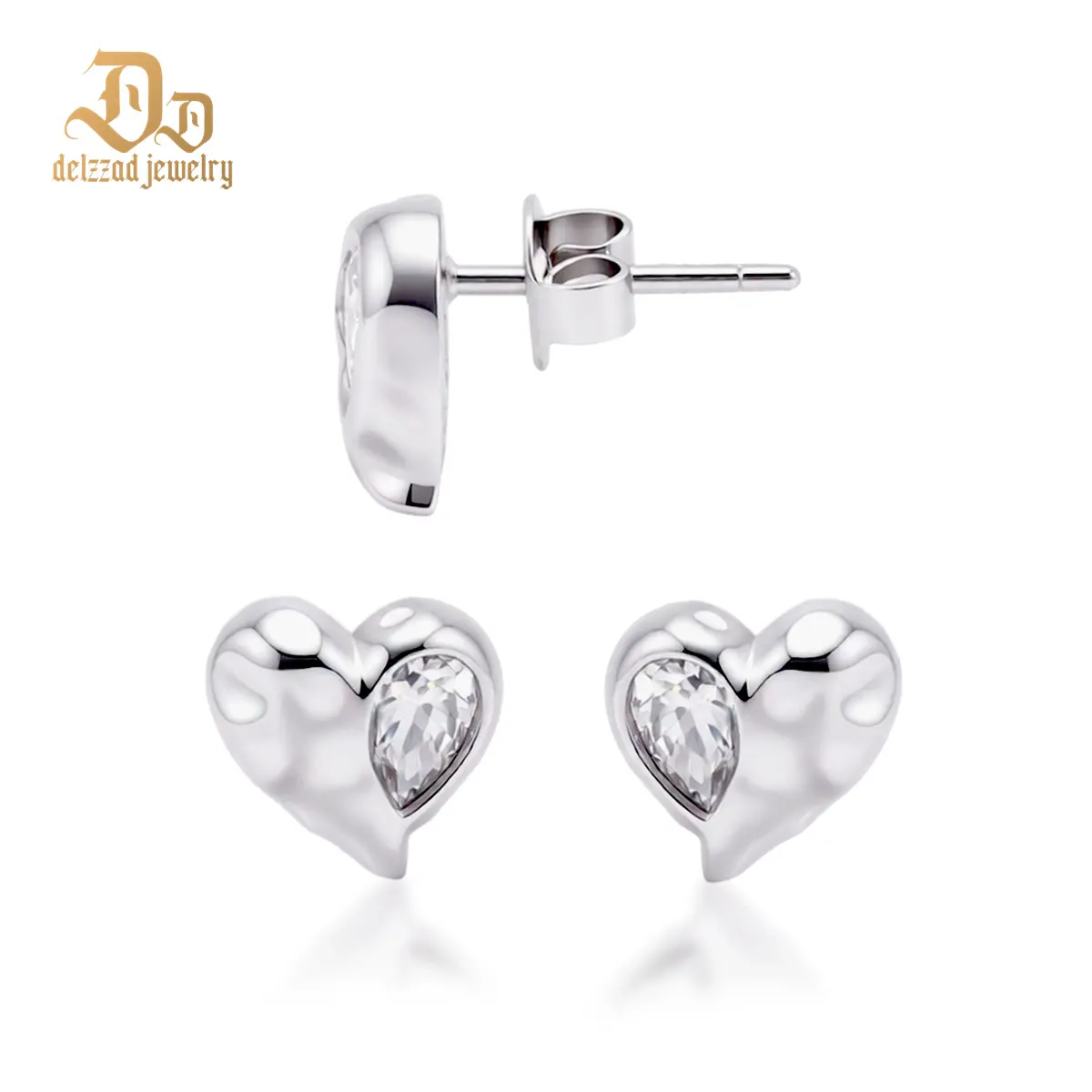 Delzzad 14K Gold-Plated Molten Love Stud Earrings Heart Earrings VVS Synthetic Moissanite Earrings Jewelry Copper Studs Perfect Birthday Engagement Wedding Anniversary Christmas Valentine's Day Mother’s Day Gifts