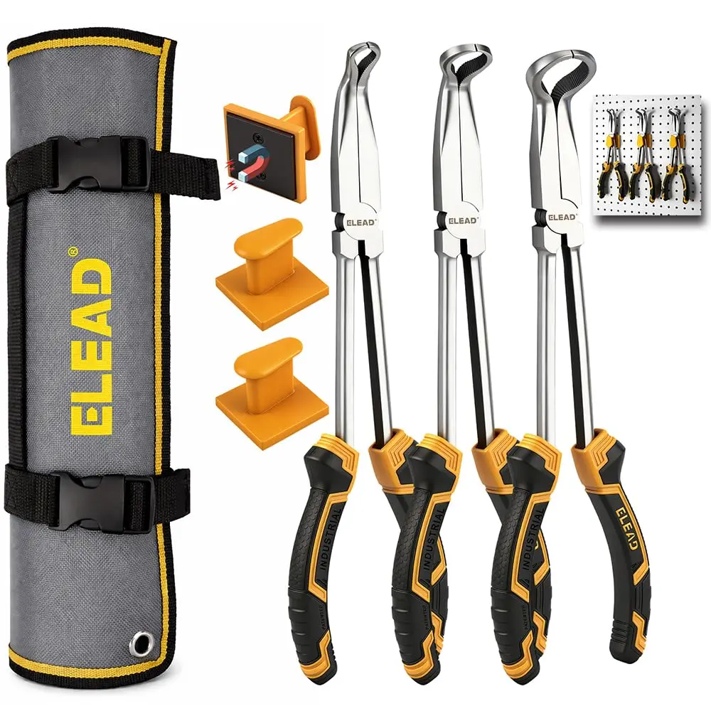 ELEAD Industrial Heavy Duty 5-Piece 11-in Hose Gripper Plier Set with Handles, Long Reach, 3 Sizes (5/16-in, 1/2-in, 3/4-in), 3 Magnets, Spark Plug Boot Removal, Serrated Jaws for Garage Hard-to-Reach Tight Spaces