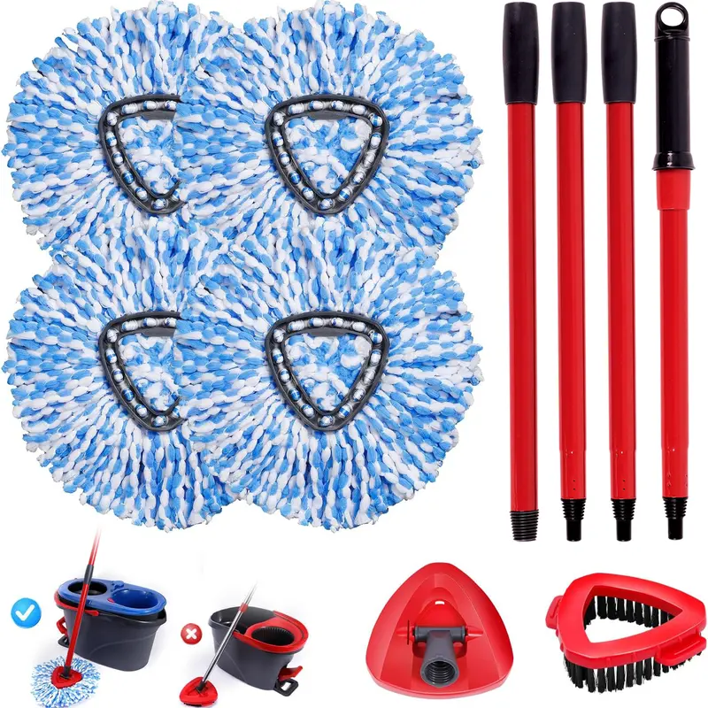 O-Cedar 2-Tank System Microfiber Spin Mop Head Replacement Pack - 4 Machine-Washable Refills, 30-58in Handle, 8.2x5.39x5.2inches, Absorbent, Durable, Marble-Safe Wipe, Tile & Wood Ready, Shower Scrubber (No Bucket)