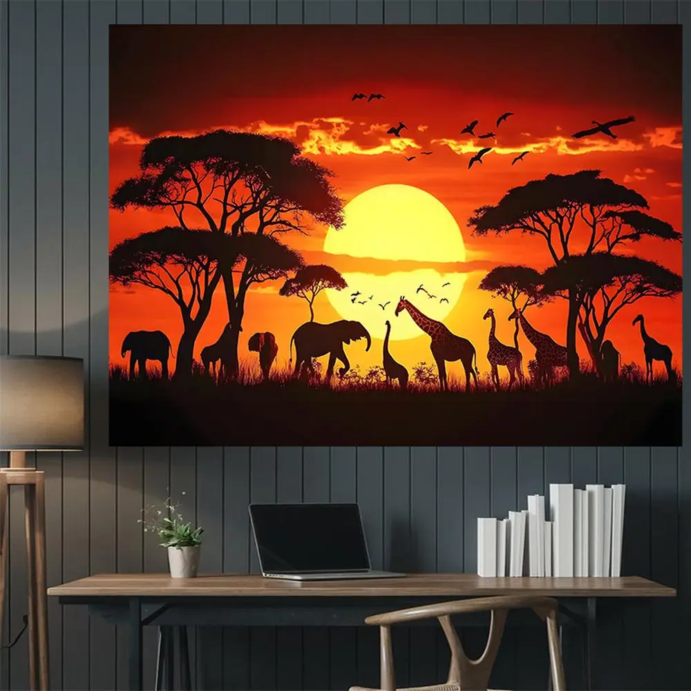 2D Flat Polyester Photo Backdrop - HD Print African Sunset Animal Silhouettes, Soft, Lightweight, Foldable, Washable Cloth for Party Decor, Banners, Indoor Party, Video Studio Use, Product Photography, Party Decorations, Video Studio Decorators