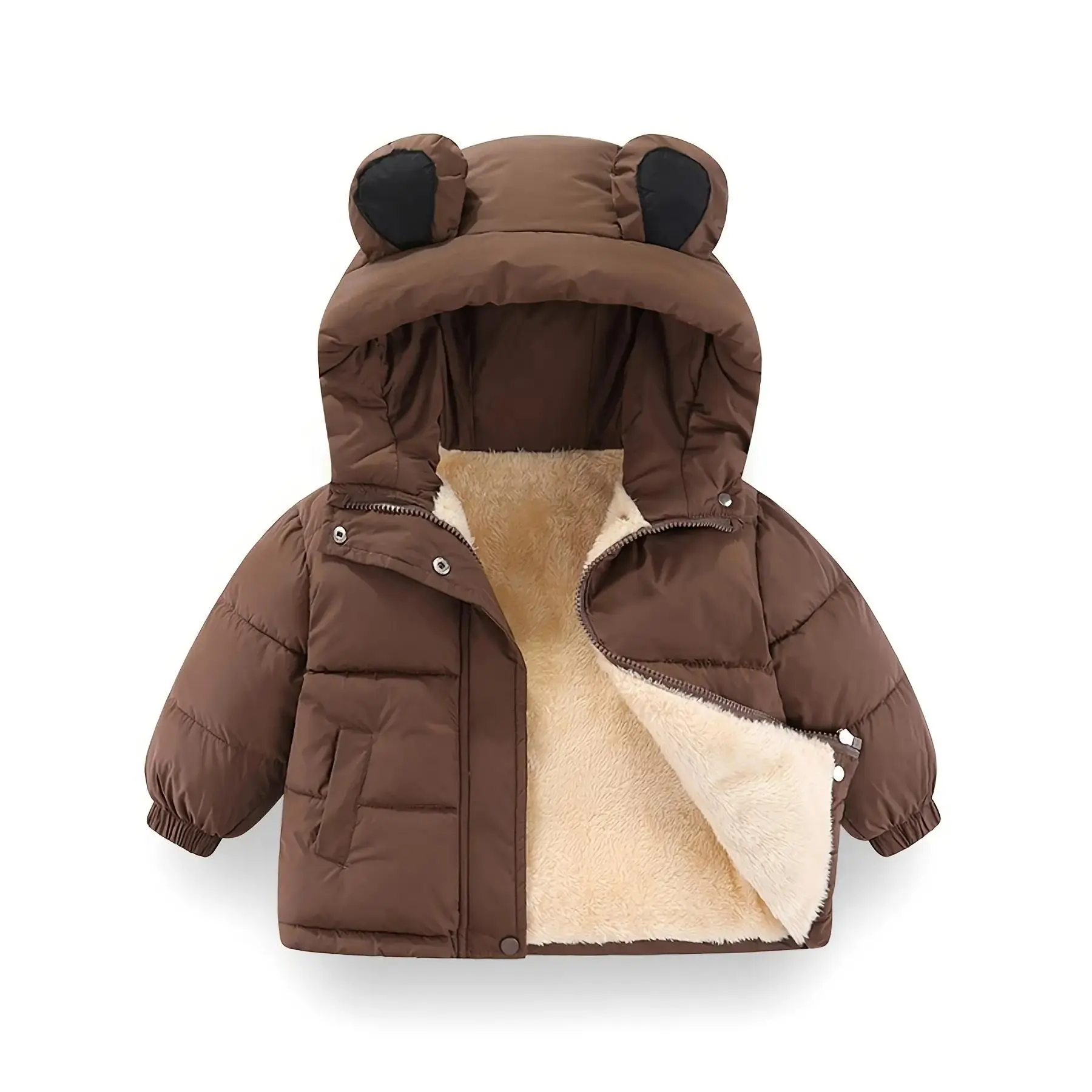 Girls' Winter Bomber Coat, Hooded Padded Polyester Jacket with Plush Fleece Lining and Zip-Up Closure for Children, Long Sleeve, Cute, 7-8Y