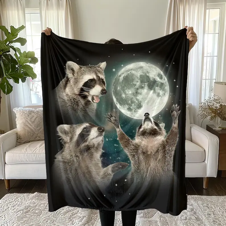 Vintage Howling Raccoon Blanket, Raccoon Gift, Weirdcore Blanket, Unique Blanket, Graphic Blanket Gift, Raccoon Plush, Capybara, Opossum Birthday Anniversary Holiday Christmas Halloween