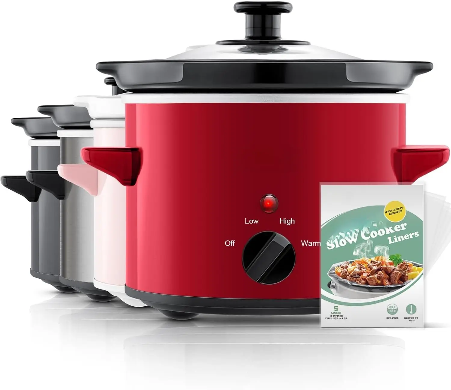 Small Slow Cooker, 2 Quart, Free Liners Included for Easy Clean-up, Upgraded Ceramic Pot, Adjustable Temp, Nutrient Loss Reduction, Stainless Steel, Red, Round