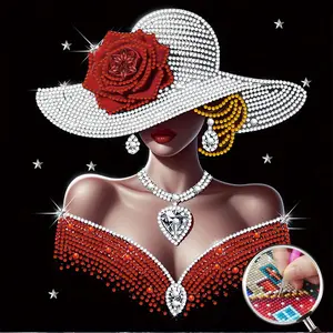 Diamond Painting Wall Decor – Sophisticated Woman with Red Rose & Top Hat, Full Drill Handmade Art, Aesthetic Gift for Her