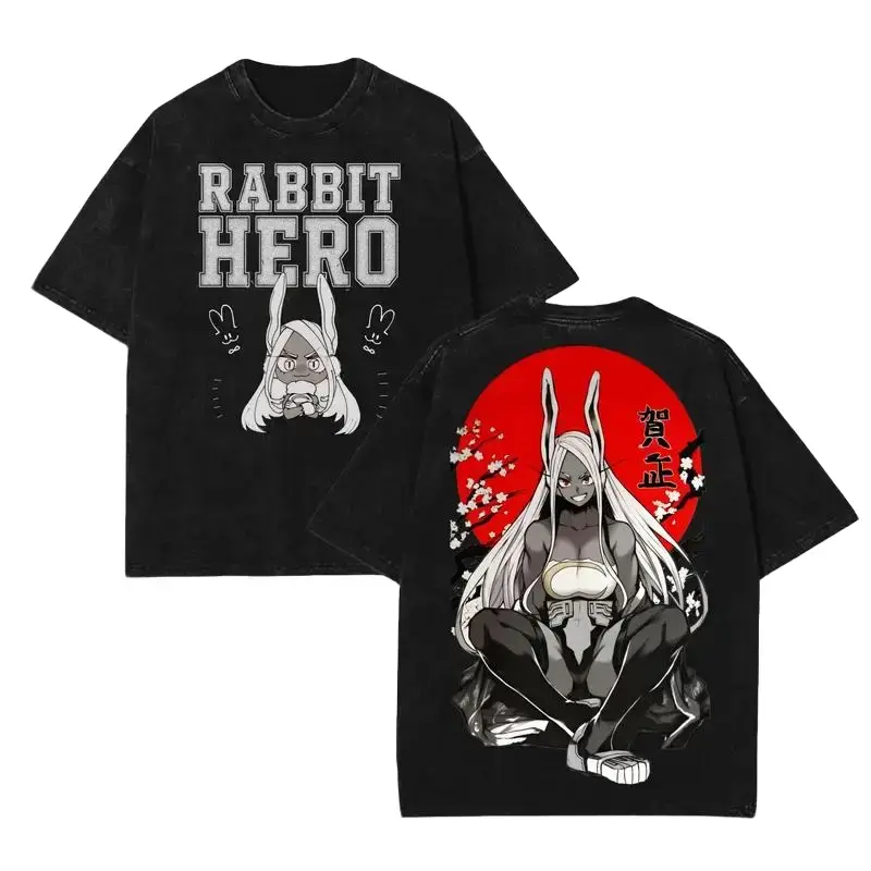 Limited Mirko My Hero Academia Bunny Hero Anime Double Printed Vintage Washed Tee, Unisex Oversize Heavyweight Cotton Manga Graphic Crewneck Soft Tops Natural Shade T-shirt Anime Gift