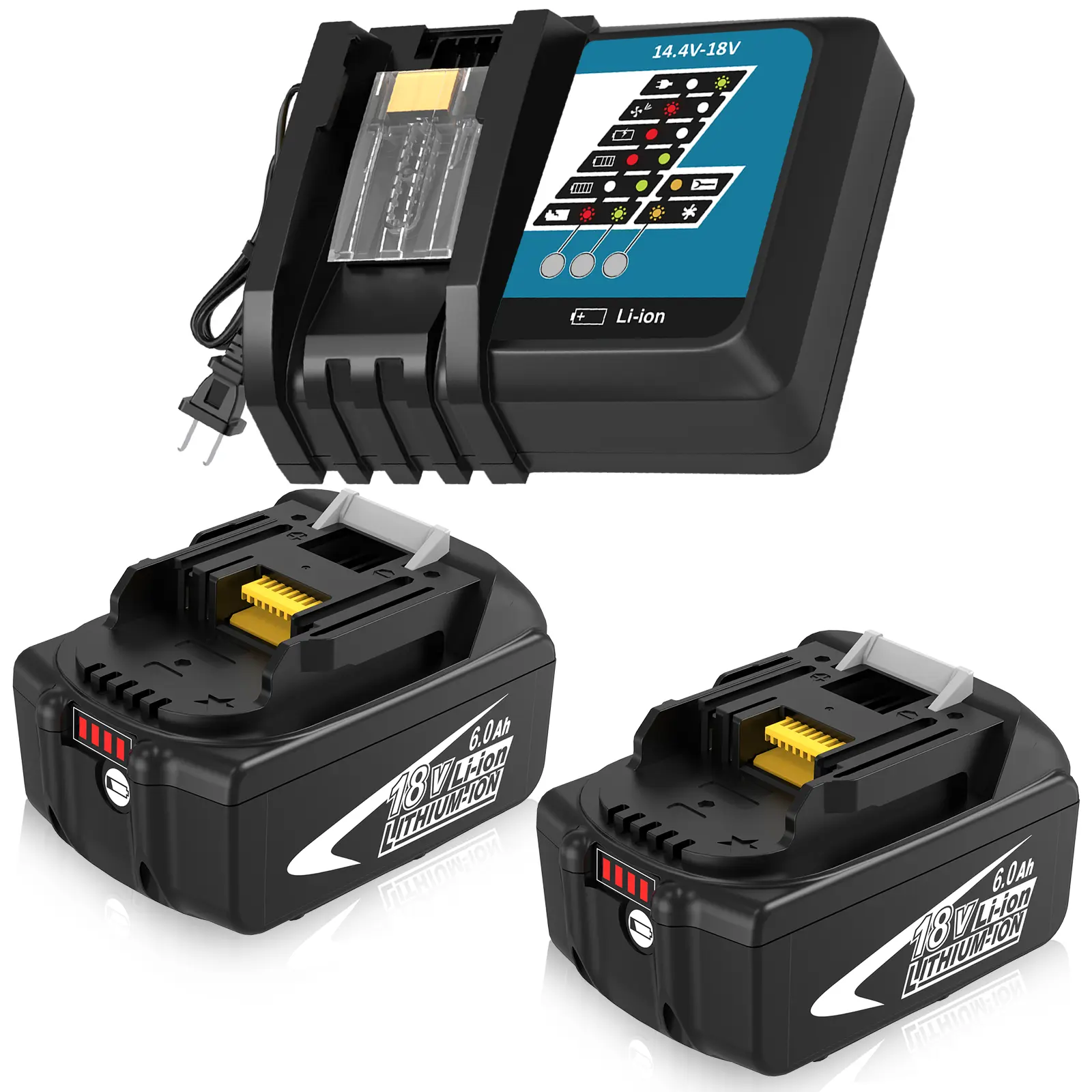 Makita 18V Lithium Ion Battery &Charger combo - 6.0Ah BL1860B Replacements, LED Indicator, Compatible with BL1815, BL1820, BL1830, BL1840, BL1850, BL1850B, LXT-400