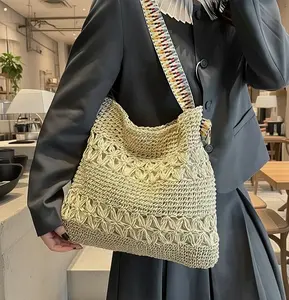 Women's Navy-Style Large-Capacity Straw Woven Tote Bag - Wide Shoulder Strap for Summer Beach Vacation, Commuter Use