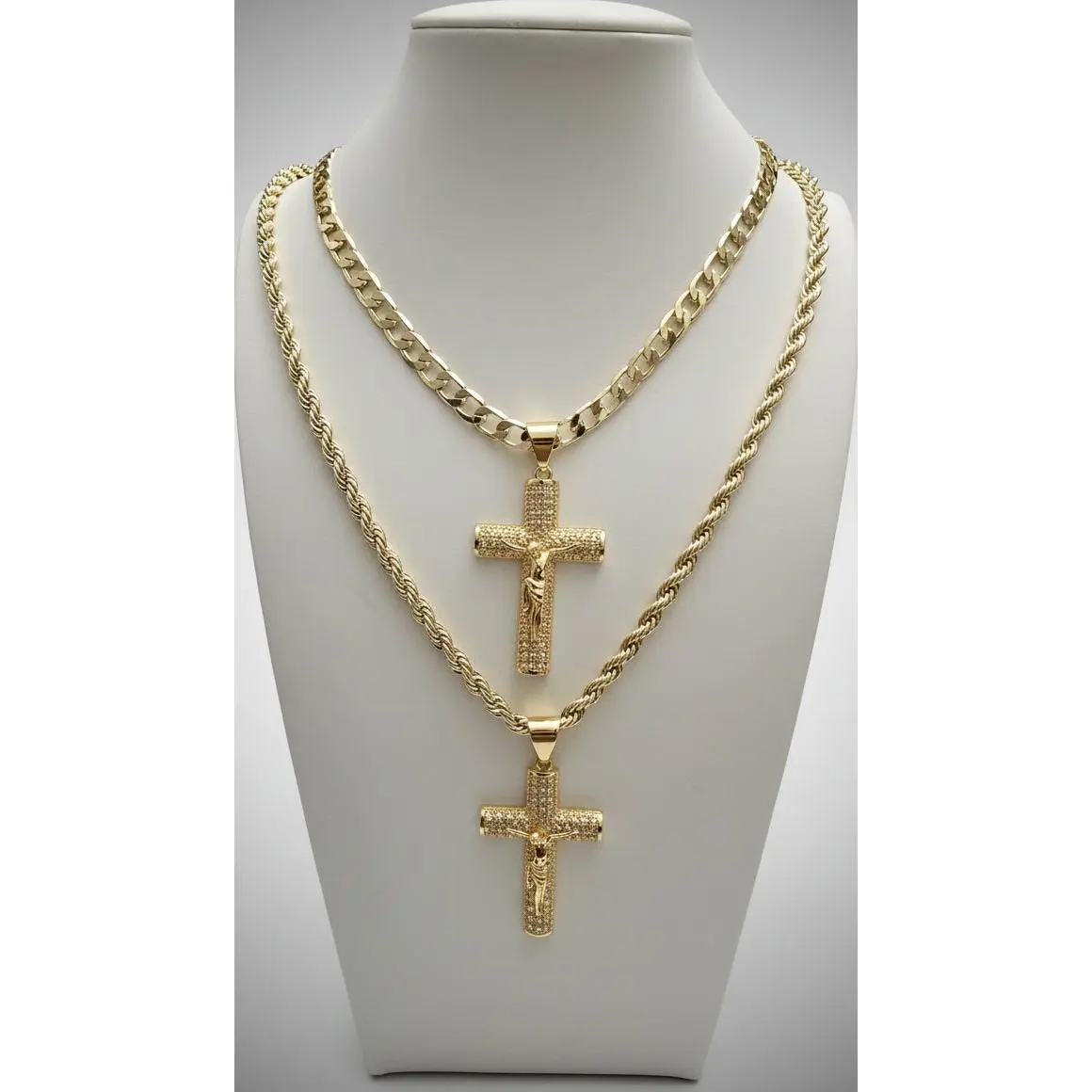 Unisex Yellow Gold-Plated Cross Link Chain Necklace, 1.5 in Crucifix Pendant Adorned with Small White Rhinestones, Ideal for Self-Gift