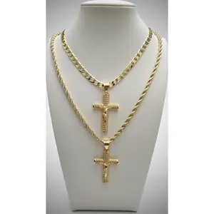 Crucifico Jesus Christ Crucifix Gold Plated Necklace with 1 1/2 Inch Cross Pendant Featuring Small White Stones