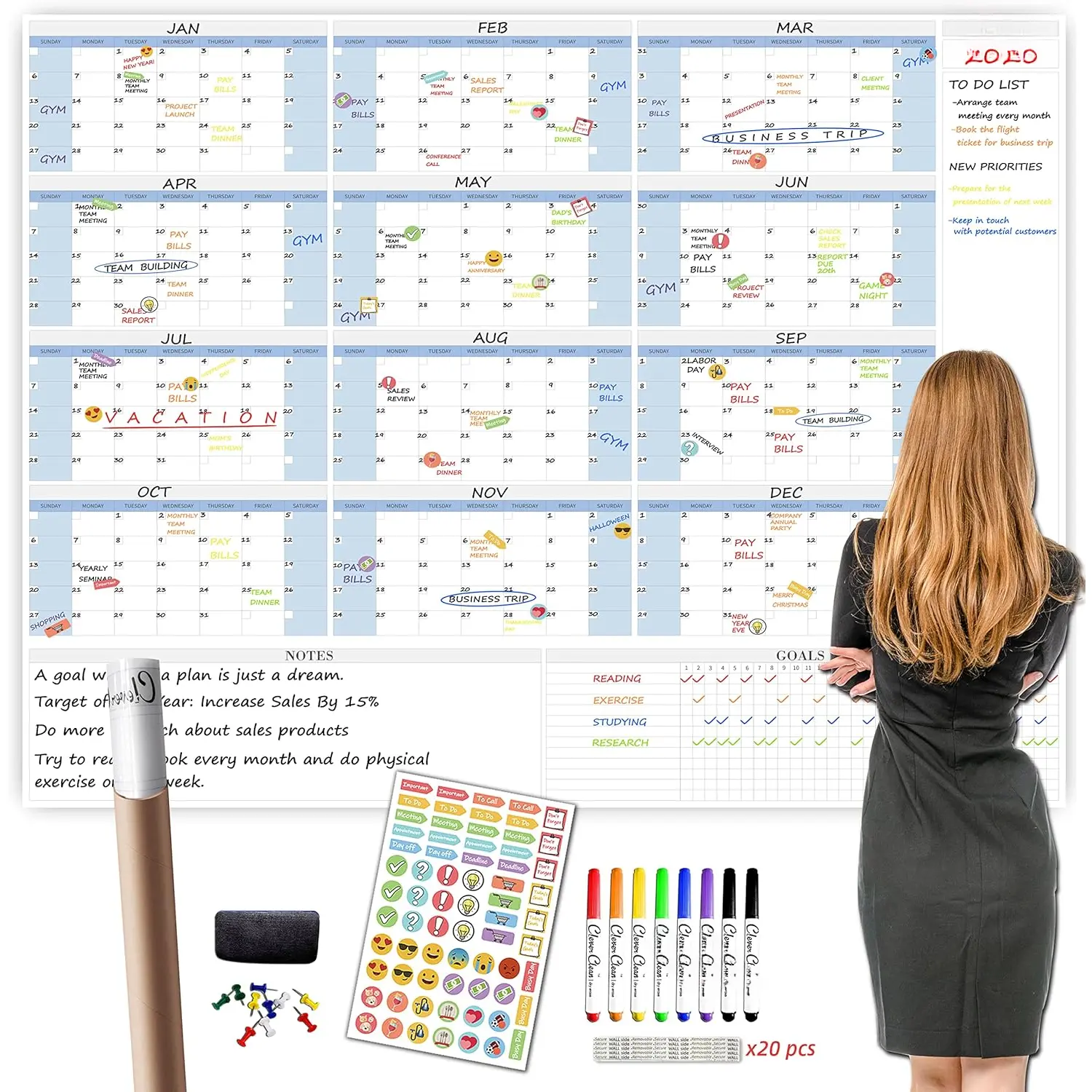 Large Dry Erase Wall Calendar - 48"x58" 12-month 2025 Undated Yearly Calendar for Home, Office, School Projects -  Laminated Task Organizer