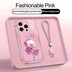 Suitable for [iPhone 16 Pro Max] high-end women's phone case🤩，a beautiful four-leaf clover lanyard is included🍀，exquisite and sophisticated rose pattern, a phone case that brings you good luck YM99
