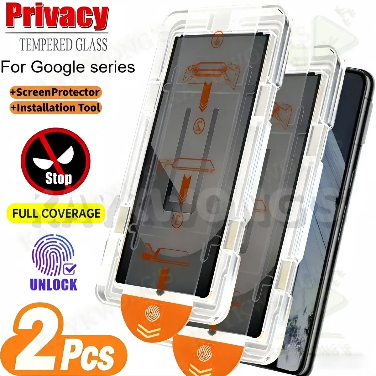 KAYKWONG'S 2 PCS Privacy Protective Tempered Glass Screen Protector, Cellphone, For Google Pixel 6a/7/7a/8/8 Pro/9/9 Pro Series, Accessories, Anti-Fingerprint Coating, Easy Installation, Privacy Protection