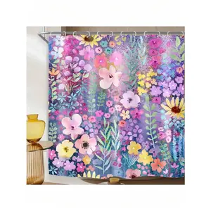 Cute Floral Colorful Shower Curtain, 72x72 Inch, Spring Boho Girly Wildflower Pink Watercolor Fabric Cloth Bathroom Curtains, Funky  Plant Bathroom Decor Set With Hooks