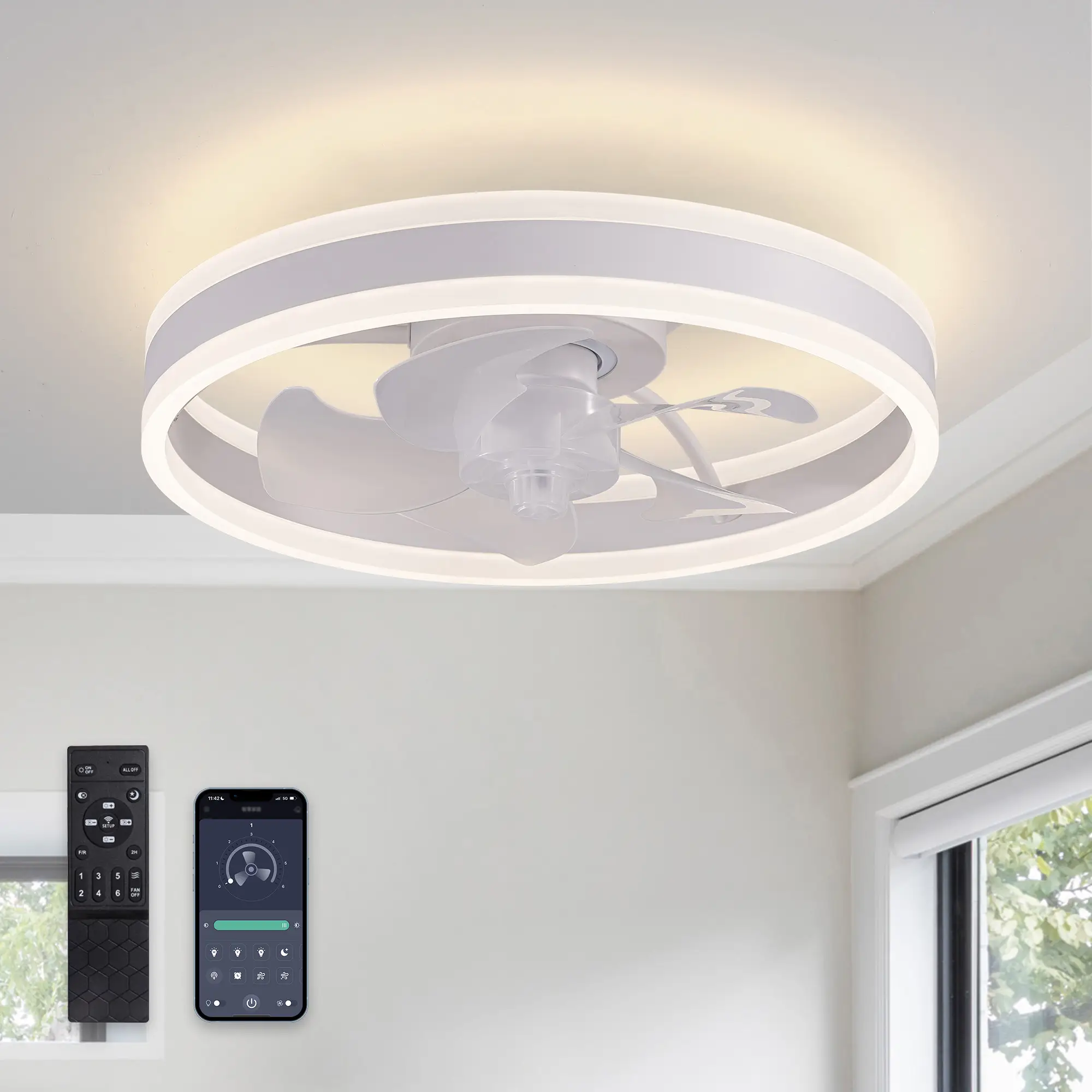 Ceiling Fans with Lights and Remote Flush Mount White Ceiling Fan with Light,6 Speeds,LED Modern 15" Low Profile Ceiling Fans for Small Room,Kitchen