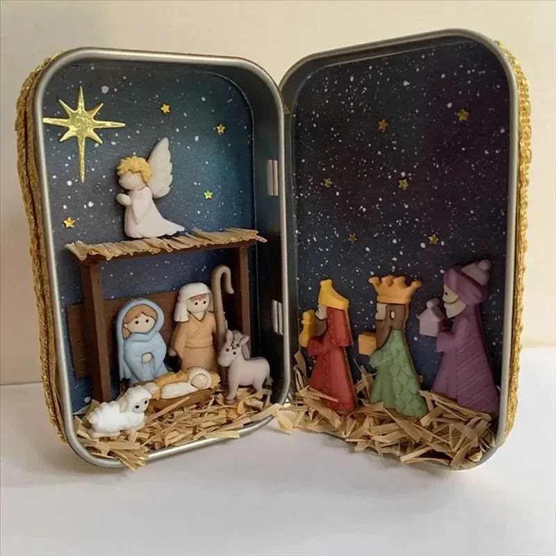Christmas Nativity Jesus Nativity Set Family Nativity Scene Handmade Cabin Box Theater Desktop Ornaments For Xmas Decor-ABGL